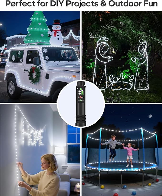 Rechargeable Rope Lights, 39FT 120LED Outdoor Waterproof String Lights with 1200mah Portable Rechargeable Battery, Timing & 8 Modes for Party Christmas Camping DIY Tree trampoline - Cool White 2 Pack