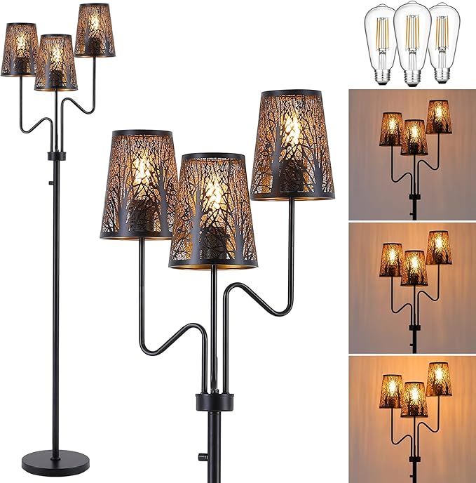 9MMML 3-Light Black Dimmable Floor Lamp for Living Room Bedroom 68'' Tall Standing Lamp with Metal Hollow Shades, 3 x E26 LED Bulb Included