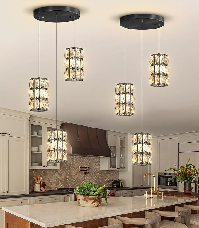 3-Lights Modern Crystal Pendant Lights for Kitchen Island LED Dimmable Glam Pendant Lighting Chandelier for Dining Room Hallway Corner Lamp Black
