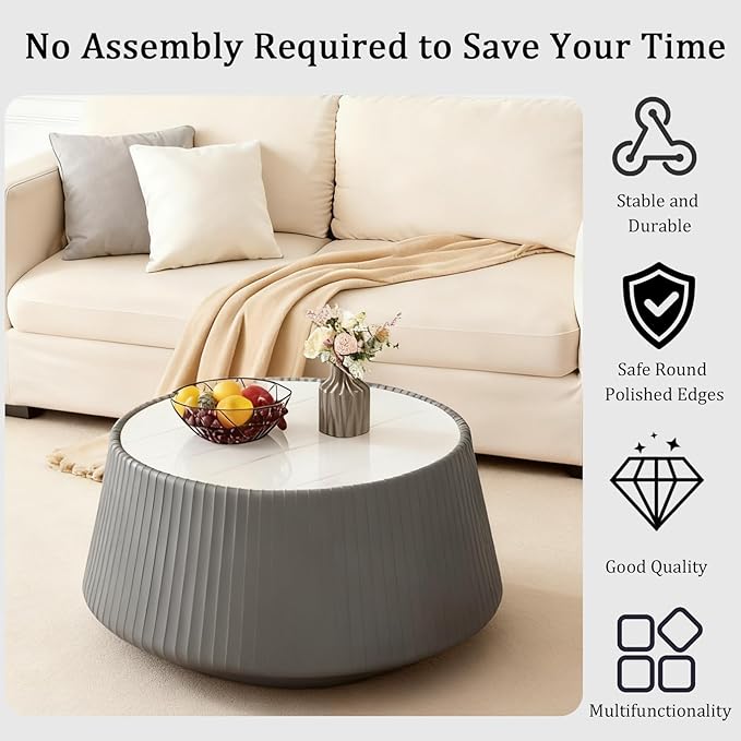 26.77" Grey Round Coffee Table, Drum Coffee Table with Sintered Stone Tabletop and Fluted PU Leather Covered and Stable Base, Circle Cocktail Tea Table for Living Room