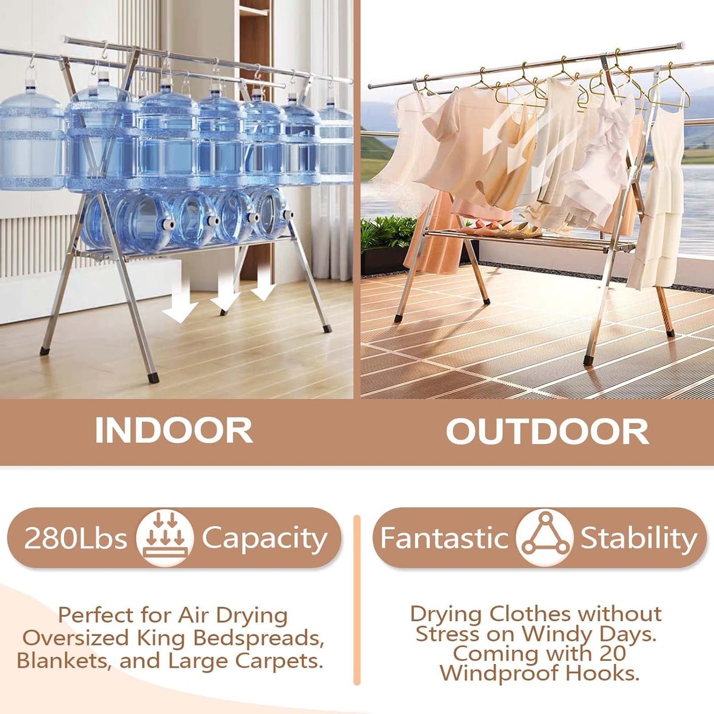 JAUREE Clothes Drying Rack 2 Tiers, Heavy Duty Drying Rack Clothing Folding Indoor Outdoor, Stainless Steel Laundry Drying Rack, Foldable Garment Rack with 20 Windproof Hooks (84 Inches)