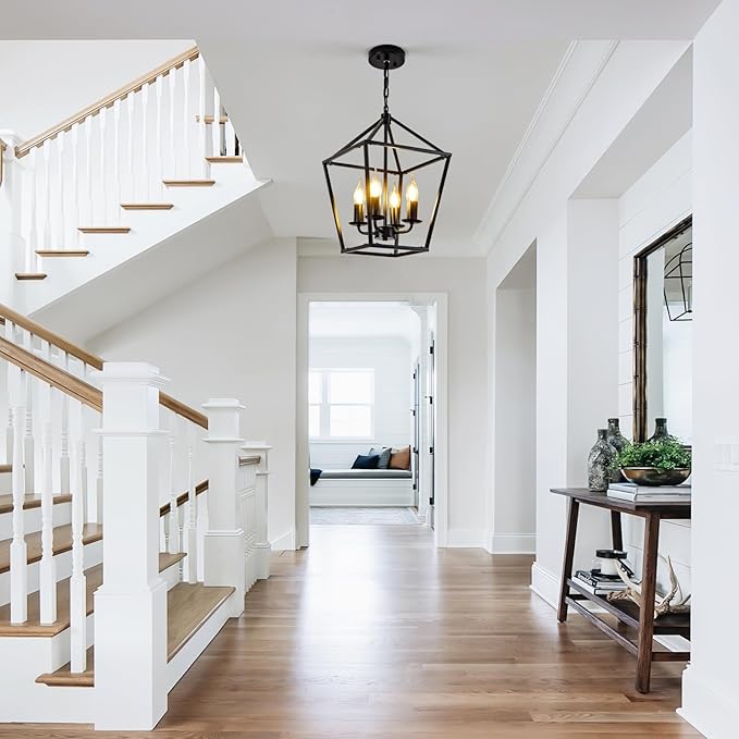 Black Farmhouse Chandelier, Industrial 4 Light Pendant Light Fixtures, Rustic Metal Lantern Ceiling Hanging Light for Entryway, Foyer, Kitchen Island, Dining Room, Hallway, Bedroom