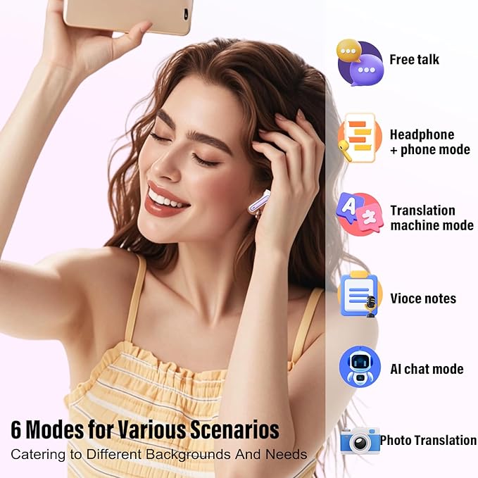 Ai Translation Earbuds Real Time, Simultaneous Interpretation Translator Earbuds with 6 Translation Modes/164 Languages, No Subscription Translatior Headphones, Taro Purple