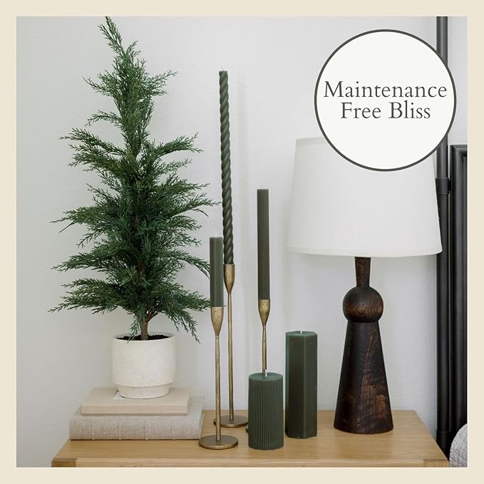 CG Hunter Holiday Collection, Set-of-2 Faux Evergreen Cedar Trees, Premium Artificial Indoor & Outdoor Cedar Tree Stands 24" Tall in Creme Pot–Perfect Christmas Decoration