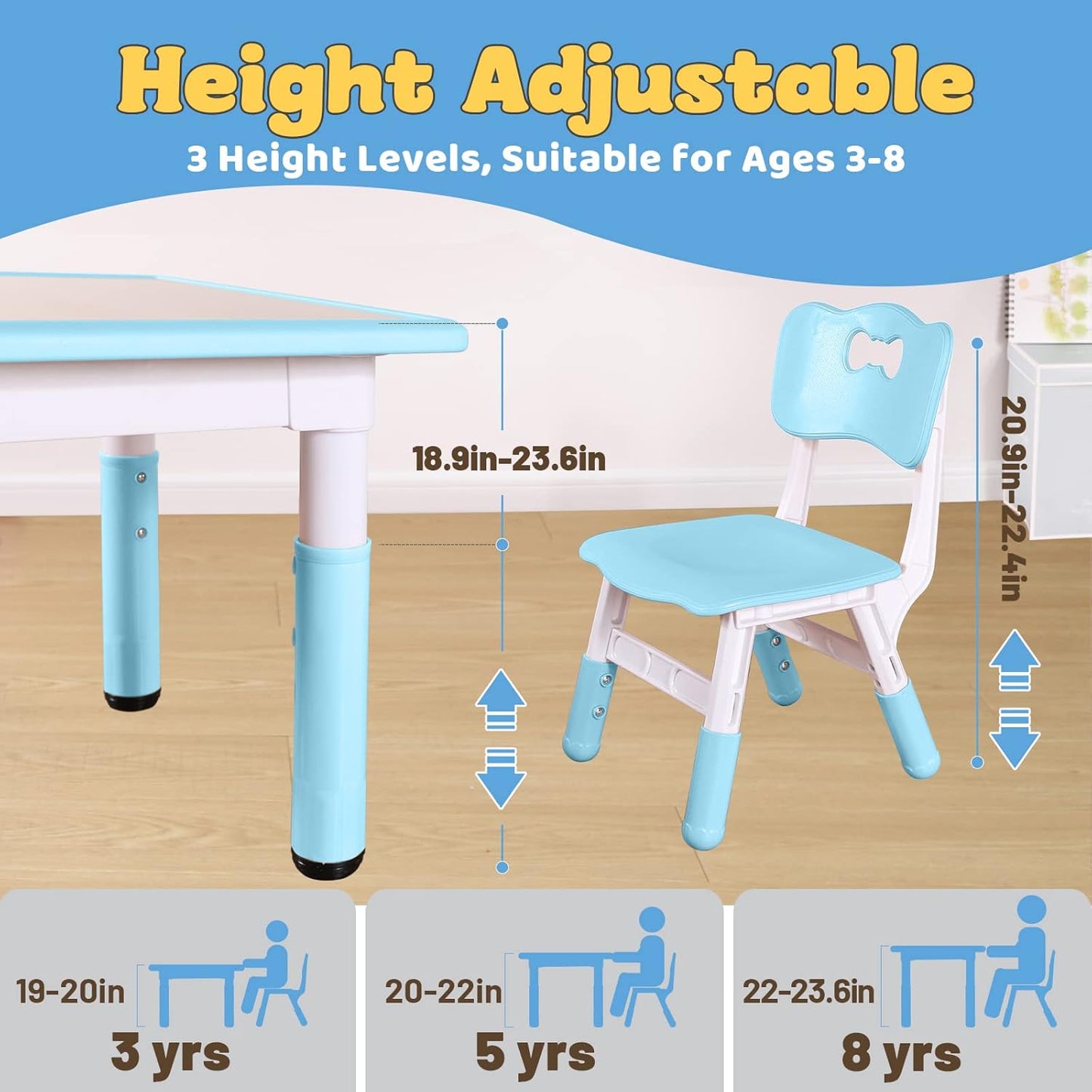 FUNLIO Kids Table and 4 Chairs Set, Height Adjustable Toddler Table and Chair Set for Ages 3-8, Easy to Wipe Arts & Crafts Table, for Classrooms/Daycares/Homes, CPC & CE Approved (5-Piece Set) - Blue