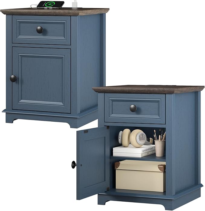 End Tables with Fast-Charge Sets, Side Tables with Drawers, Storage Side Tables Living Room, Adjustable Shelf, Bedroom Nightstands Set of 2, Blue