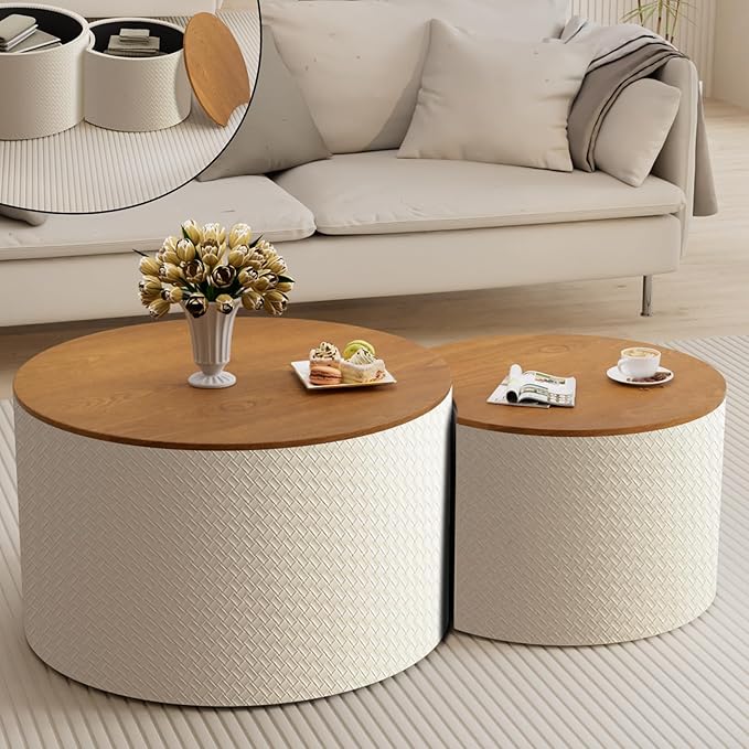 Nesting Coffee Table Set of 2 Modern Round Coffee Table with Hidden Storage Round Side Table Drum Accent End Tables for Living Room, Bedroom (White)