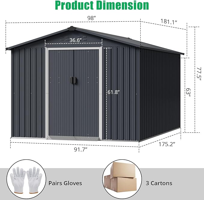 8X15 Ft Outdoor Metal Storage Shed with Roof, Weatherproof Steel Tool Shed with Lockable Door for Lawn Mower, Bike & Garden Equipment Storage