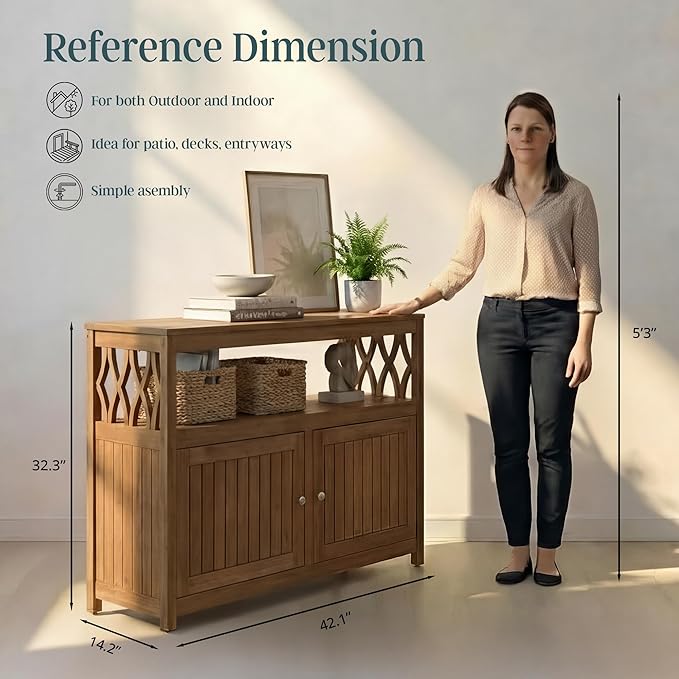 DTY Outdoor Living Longs Peak Eucalyptus Wood Sideboard Table, Outdoor Buffet Cabinet with Storage, Brown Weather-Resistant Finish