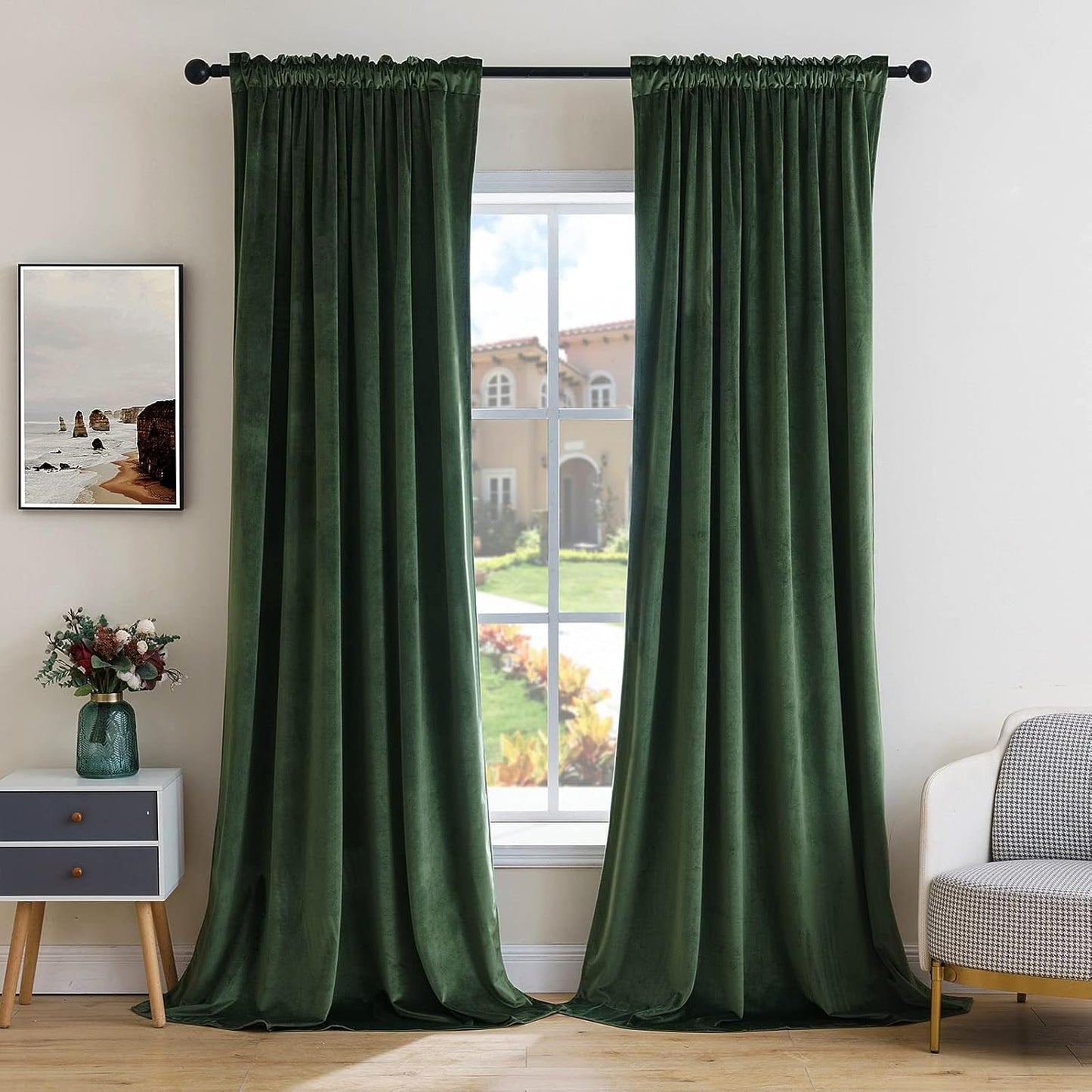 MIULEE Olive Green Velvet Curtains Thermal Insulated Blackout Curtain Drapes for Bedroom Living Room Darkening 92 Inches Long Curtains Panels Rod Pocket Set of 2