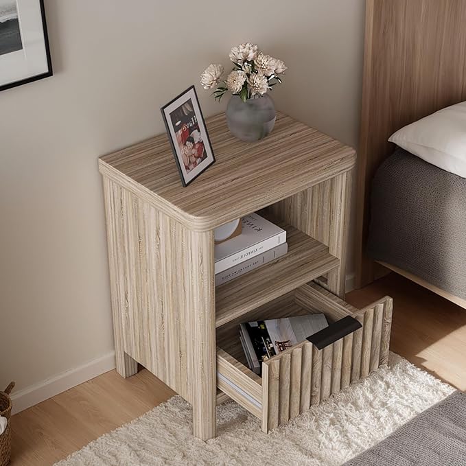 Nightstand Night Stand with Drawer Storage, Large Modern Wood Bed Side Table with Fluted Panel, Mid Century Farmhouse Sofa Couch End Table for Bedroom (Nature Wood, 20 * 15Inch /1 Piece)