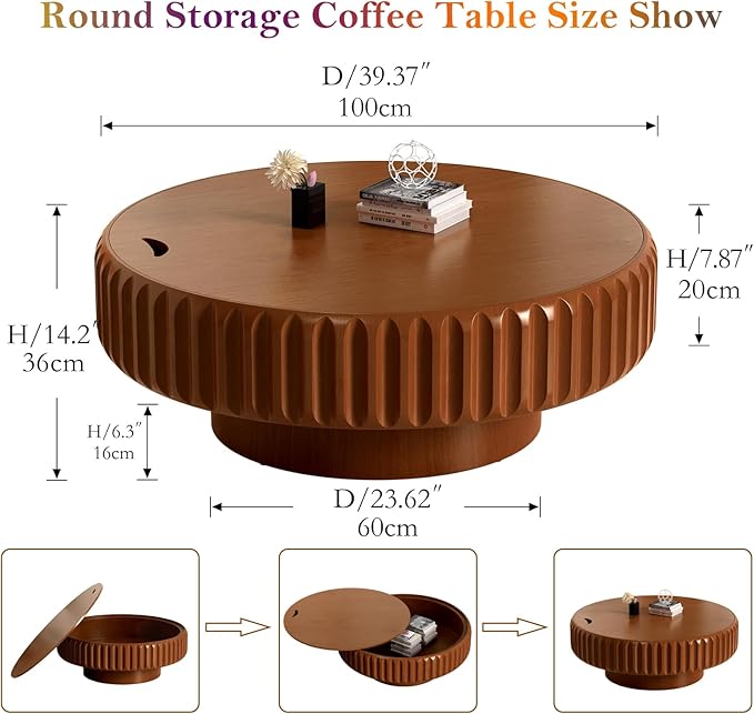 39.37" Round Drum Coffee Table with Storage Retro Rustic Center Table - Solid Wood Handcrafted Relief Veneer for Farmhouse Apartment (B Round 39.37in)