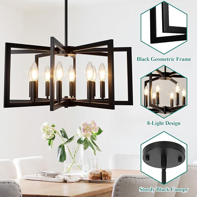8-Light Black Chandelier, Farmhouse Dining Room Light Fixture, Modern Chandelier, Geometric Industrial Metal Hang Lighting Fixture for Foyer Entryway Kitchen Over Table Hallway Living Room