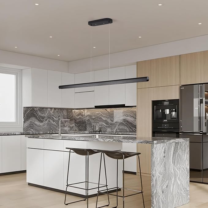 55inch Wood LED Linear Pendant Light, Dimmable Wood Ceiling Lamp,Minimalist Linear Chandelier, 40W Warm Light 3000K, Modern Kitchen Island Dining Room Lighting Black Adjustable Height