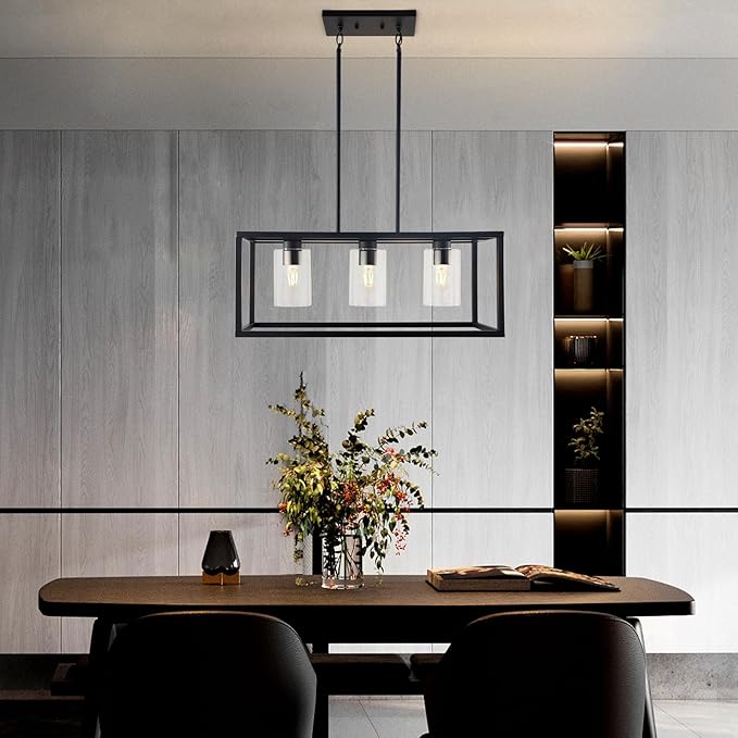 Kalium Chandeliers for Dining Room, 3 Light Dining Room Light Fixture Modern Metal Industrial Kitchen Lighting Fixtures Ceiling Easy Installation Pendant Lights for Bar Restaurant-E26 Socket, Black