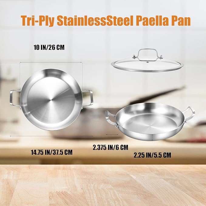 Inqibee 10-Inch Tri-Ply Stainless Steel Paella Pan with Lid, Omelet Pan, Large Skillet, Griddle, Stir-Fry, Jumbo Cooker, Induction Cooking, Dishwasher and Oven Safe