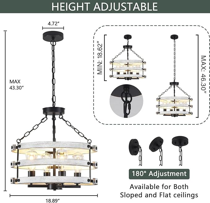 Luupyia Rustic Farmhouse Chandelier, 18.89 Inches White Drum Farmhouse Foyer Chandeliers Island Light, Rustic Vintage Pendant Light Fixture for Dining Room Entryway 4Lights E26