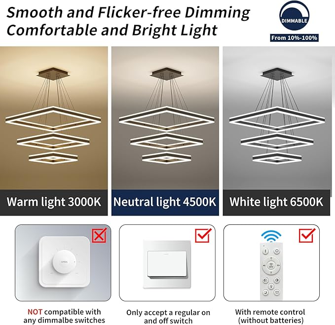 Modern Pendant Light Fixture, 3 Layer Square Black LED Chandelier for Dining Room Table, Dimmable 3000K-6500K, Adjustable Height Kitchen Island Ceiling Hanging Lighting for Living Room Bedroom