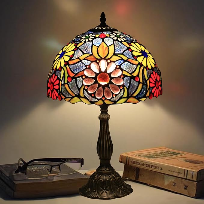 Tiffany Style Stained Glass Lamp 12 Inches Vintage Table Lamp for Desk Bedroom, Bedside Und Reading Desk Light, Led Bulb Included