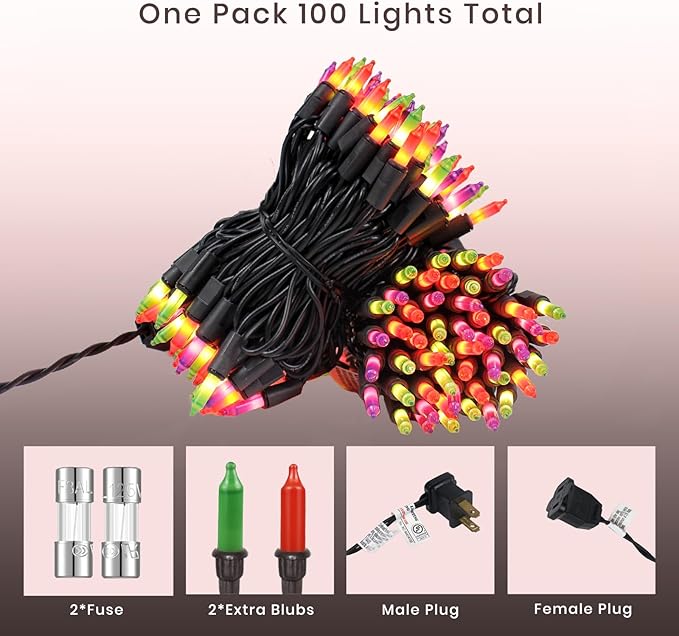 Christmas Lights– 100 Count Mini Purple Orange & Green Incandescent String Lights, 26.5ft Black Wire, UL Listed, Connectable up to 125ft, for Indoor & Outdoor Home Decor