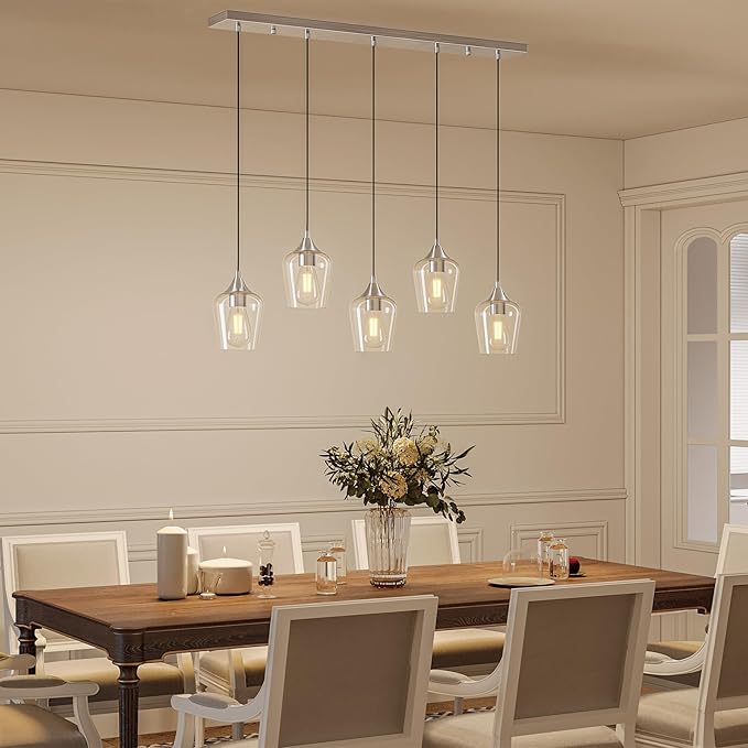 VONLUCE Pendant Lights Kitchen Island, Brushed Nickel Pendant Light Fixtures with E26 Base & Adjustable Cable, Modern Pendant Lighting with Glass Shade for Living Room Bedroom Hallway, 5 Packs