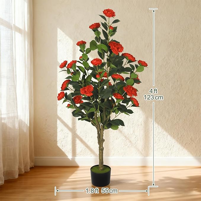 2-Pack 4FT Artificial Camellia Tree,Realistic Fake Potted Plants with Flowers&Planters,Indoor/Outdoor Faux Flowering Trees for Home,Office,Porch,Wedding,and Housewarming Gift Decor,Red