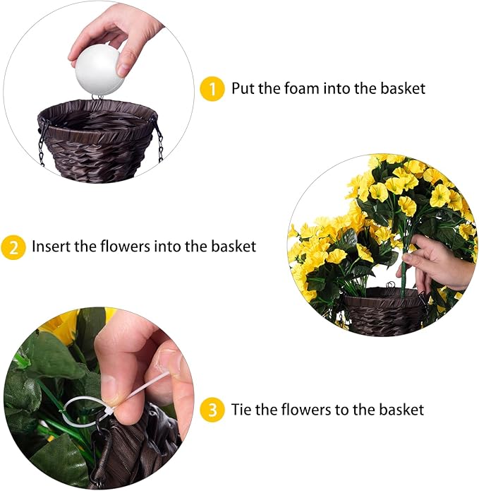 HyeFlora Artificial Fake Hanging Flowers Plants Baskets for Outdoor Outside, Faux Silk Yellow Morning Glory Flowers UV Resistant Look Real Hanging Planter for Home Porch Patio Balcony Yard Decor