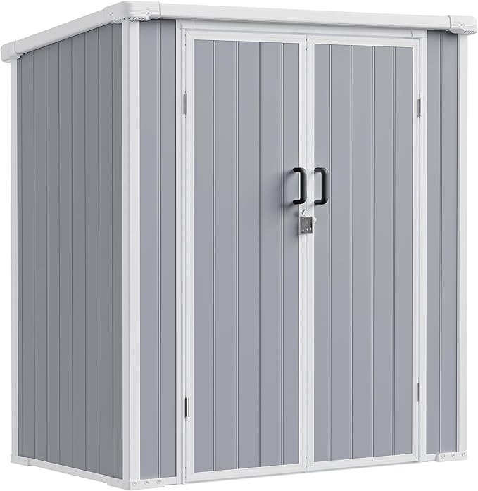 5x3 ft Outdoor Storage Shed with Floor, All-Weather Resin Tool Shed with 2 Shelves, Heavy-Duty Garden Shed for Yard, Bicycle, and Lawn Equipment, Easy Assembly, Aritic Light Gray
