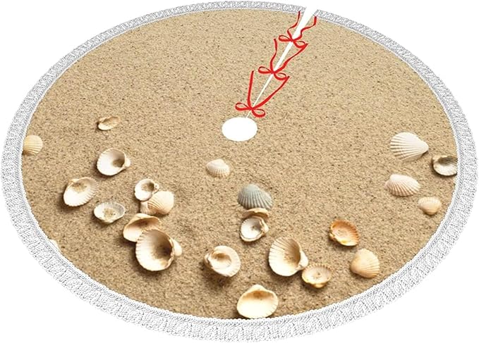 keepcute 48 Inch Beach Christmas Tree Skirt, Seashells on Sand Summer Beach Tree Mat with Tassel for Christmas Decorations for Xmas Party, Holiday