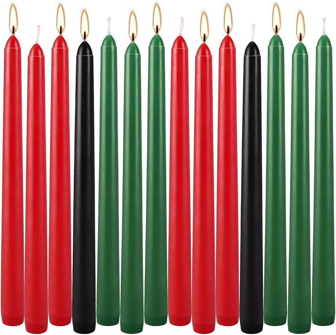 Set of 14 Kwanzaa Taper Candles, 6 Red, 6 Green, 2 Black Mishumaa Saba Candle Set, 10 Inch Dripless Tall Candle Stick for Kwanzaa, 7-7.5 Hour Burn Time
