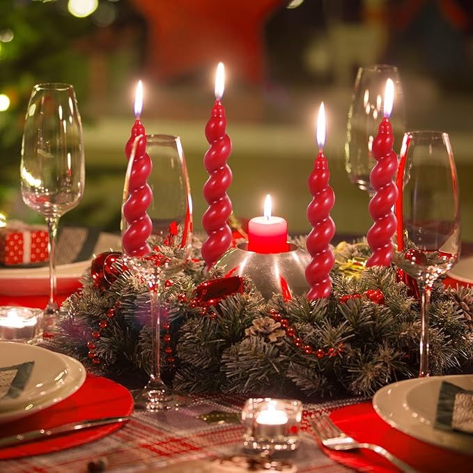 Zhengmy 4 Pcs Red Spiral Taper Candle 7 Inch Twisted Long Wax Dinner Candlestick for Fall Halloween Christmas Holiday Valentines Wedding Birthday Baby Shower Table Decor(Solid)