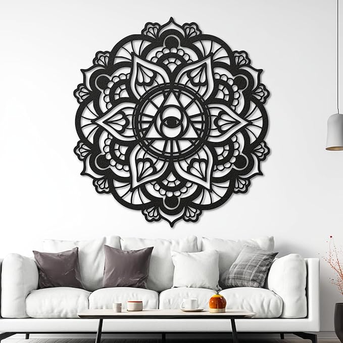 XXQ Mandala Eye of Providence Metal Wall Art Sacred Geometry Design, Black and White Abstract Geometric Wall Sculpture for Living Room, Office, Meditation Room (White, 47" x 47" / 120 x 120 cm)