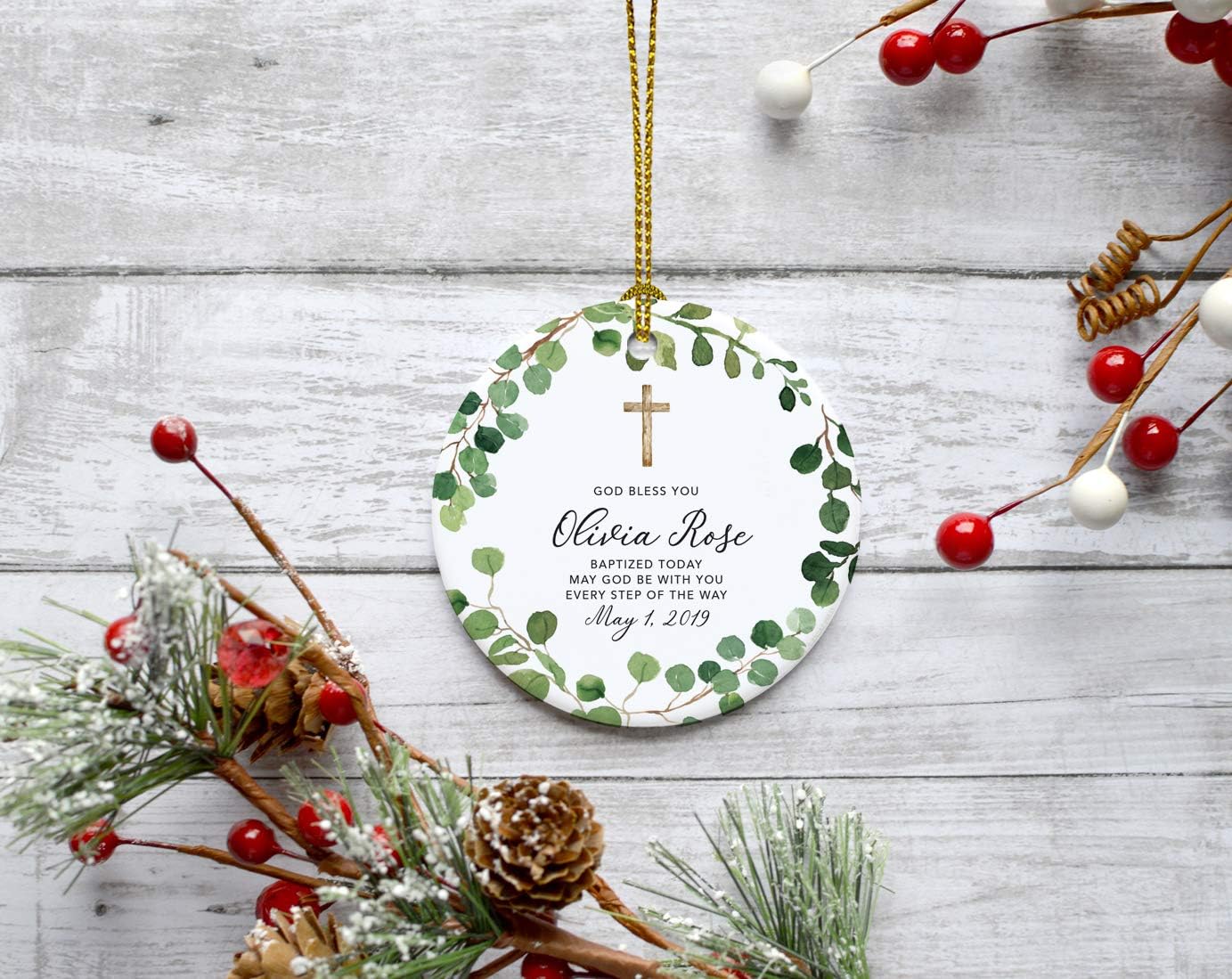 Andaz Press Personalized Round Ceramic Porcelain Christmas Ornament Gift, God Bless You Olivia Rose Baptized Today, Farmhouse Eucalyptus Wreath, 1-PackCustom Christening Gift Ideas