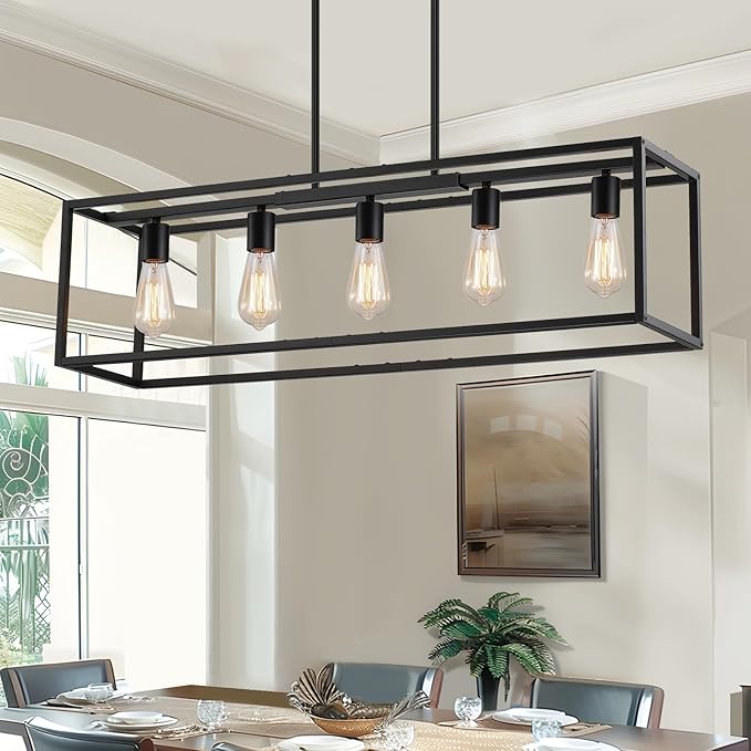 5-Light Dining Room Light Fixture,Black Farmhouse Kitchen Island Lighting,Rustic Pendant Light Over Table with Adjustable Rods,Modern Linear Chandeliers for Dining Room Kitchen Island