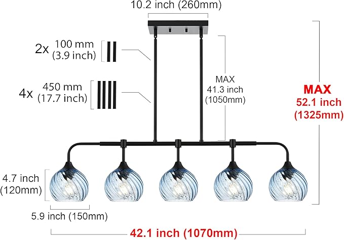 MELUCEE 5-Light Kitchen Island Lighting Linear Dining Room Light Fixtures Ceiling Hanging with Blue Striped Swirl Glass Shade, Modern Black Chandelier for Dining Room Kitchen Island Bar, E26 Base