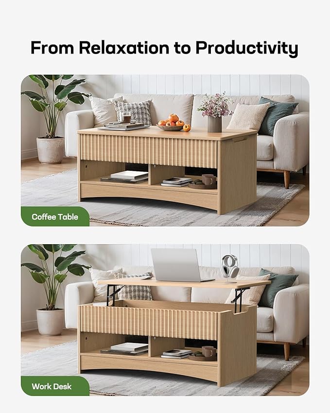 Marsail Lift Top Coffee Table with Open & Hidden Storage, Modern Fluted Coffee Table with Smooth Lift Mechanism, Sturdy Space-Saving Center Table for Home Living Room, Office, Natural Oak