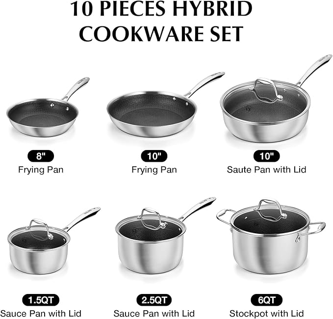 KOCH SYSTEME CS Triply Stainless Steel Cookware Set 10 Piece, Nonstick Hybird Stainless Steel Pots and Pans Set, Kitchen Cookware Set with Honeycomb Interior, 18/10 Steel, Induction Compatible