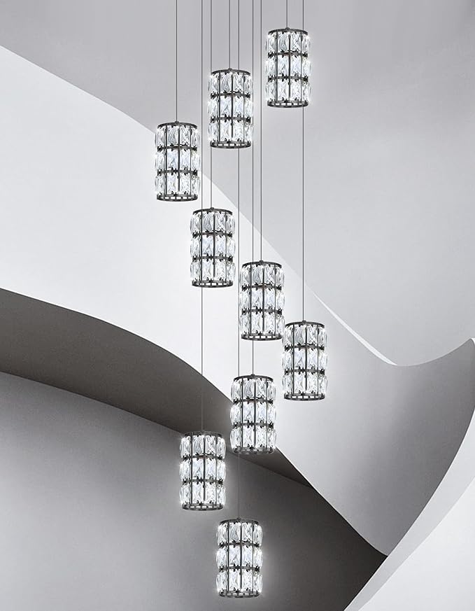 9-Lights Modern Crystal LED Dimmable for Staircase Foyer High Ceiling Chandeliers Hallway Black