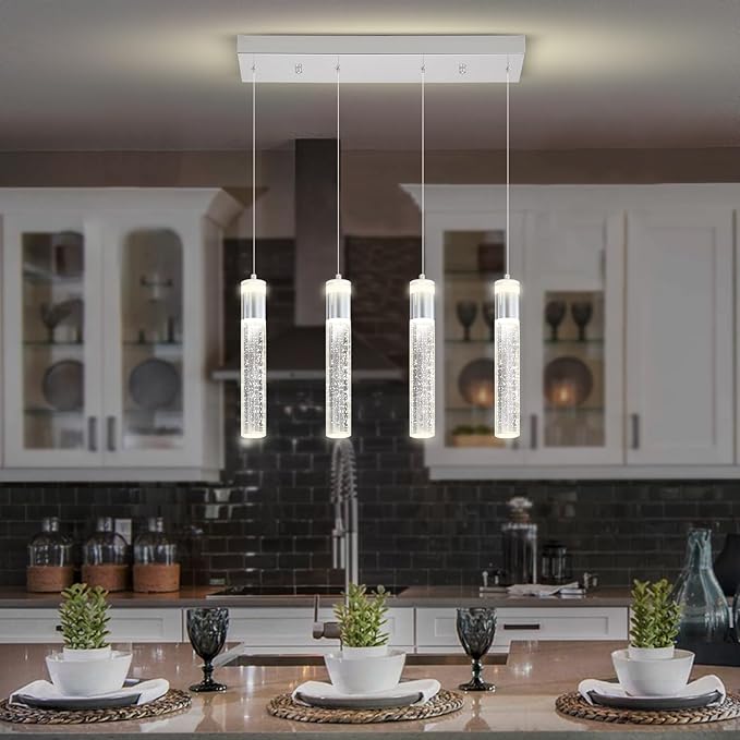 Dimmable Chrome 4-Light Pendant Lights Kitchen Island Modern LED Crystal Ceiling Light for Dinning Room Living Room 32W