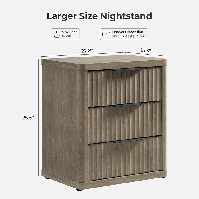 SICOTAS Night Stand Set of 2 Nightstands with 3 Drawers Storage Bedside Table Large Fluted Bed Side End Table Modern 25.6" Tall Wide Night Stands for Bedroom Living Room Sofa Couch Office, Grey Alder