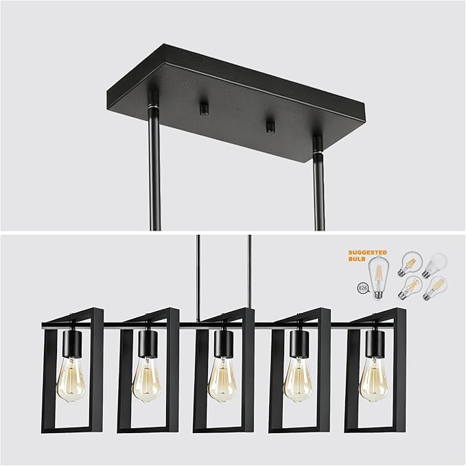 5-Light Island Lights for Kitchen, Rectangular Black Metal Kitchen Island Chandelier 41.3" Adjustable Rustic Modern Dining Room Light Fixtures Over Table, Chandeliers for Dining Room
