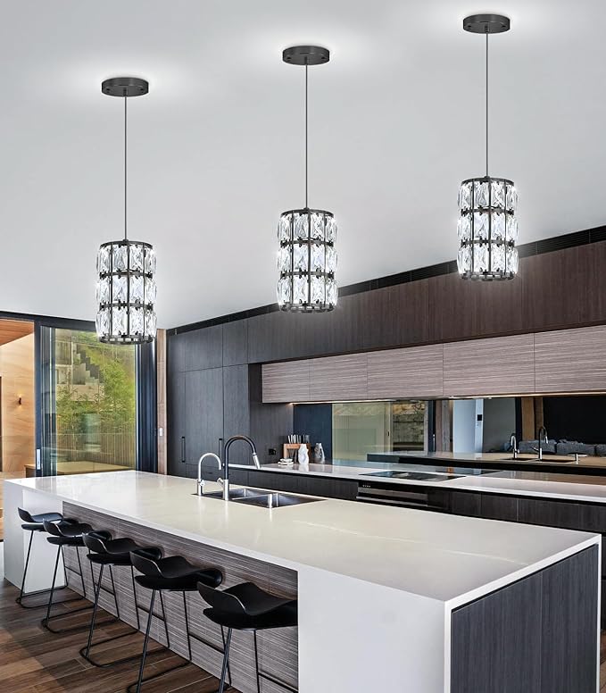 1-Lights Modern Crystal Pendant Lights for Kitchen Island LED Dimmable Glam Pendant Lighting Chandelier for Dining Room Hallway Corner Lamp Black