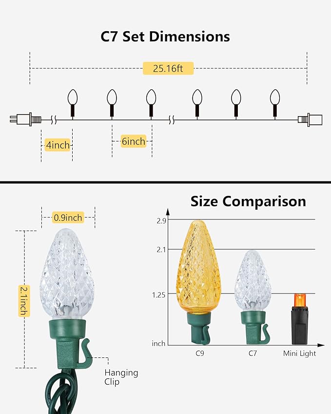 C7 Led Christmas String Lights, 25.16ft 50 LED Connectable Outdoor Indoor Decorative Light Strand, Warm White Xmas Holiday Lights for House, Christmas Tree, Patio, Party Decoration, UL Listed