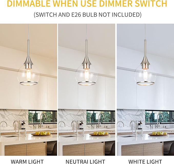 1-Piece Island Light for Kitchen, 1-Light Brushed Nickel Kitchen Island Hanging Pendant Light, Brushed Nickel Dining Room Light Fixture Over Table with Clear Round Glass Shade