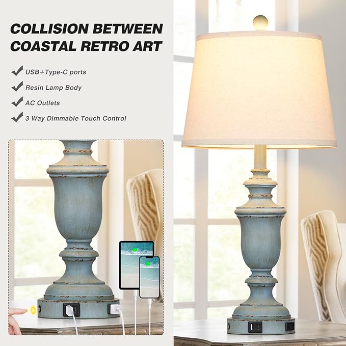 25.6" Blue Table Lamps Set of 2 with USB C+A Ports & AC Outlet for Coastal Living Room Bedroom,3-Way Dimmable Farmhouse Touch Lamp Bedside Lamps for Nightstand,Retro Blue