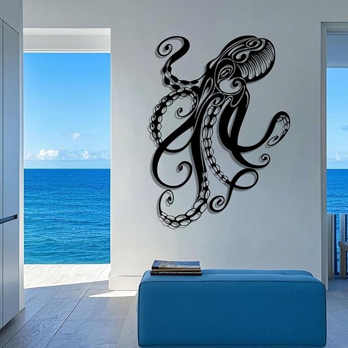 Octopus Metal Wall Art, Octopus Wall Decor, Sealife Wall Decoration, Ocean Wall Hanging, Marine Biology Decor, Metal Wall Art for Living Room, Bathroom (White, 28"x20" | 70x51cm, metal wall art)