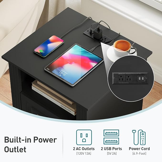 Farmhouse Nightstand Set of 2, Wooden Night Stand with Charging Station, LED Bedside Table with Drawers, Rustic Sofa Side Table, End Table for Bedroom, Living Room, Black