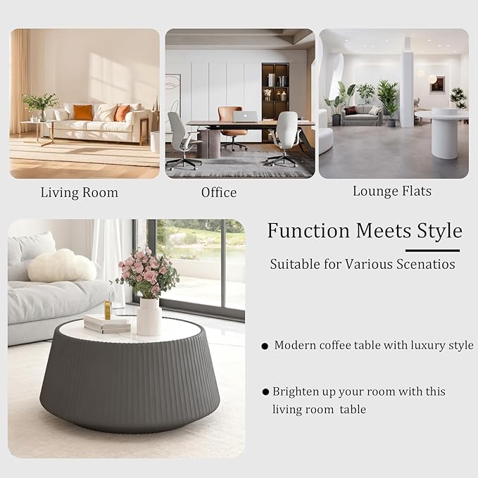 26.77" Grey Round Coffee Table, Drum Coffee Table with Sintered Stone Tabletop and Fluted PU Leather Covered and Stable Base, Circle Cocktail Tea Table for Living Room