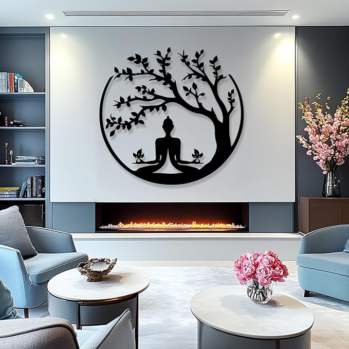 Buddha Tree of Life Metal Wall Decor, Metal Buddha Wall Art, Tree Metal Wall Decor, Tree of Life Wall Art, Zen Meditation Wall Art, Spiritual Wall Decor for Living Room, Home Decor (Silver, 35"x34" | 90x86cm)