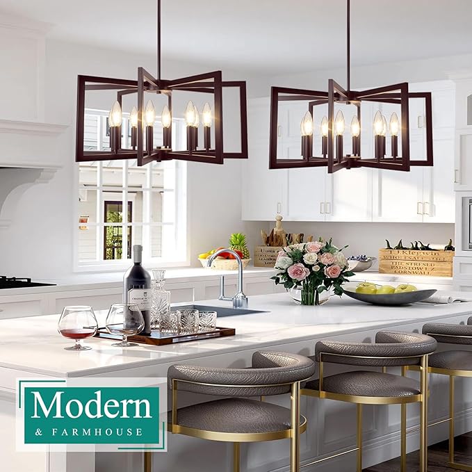 8-Light Oil-Rubbed Bronze Chandelier, Farmhouse Dining Room Light Fixture, Modern Chandelier, Geometric Industrial Metal Hang Lighting Fixture for Foyer Entryway Kitchen Over Table Hallway Living Room